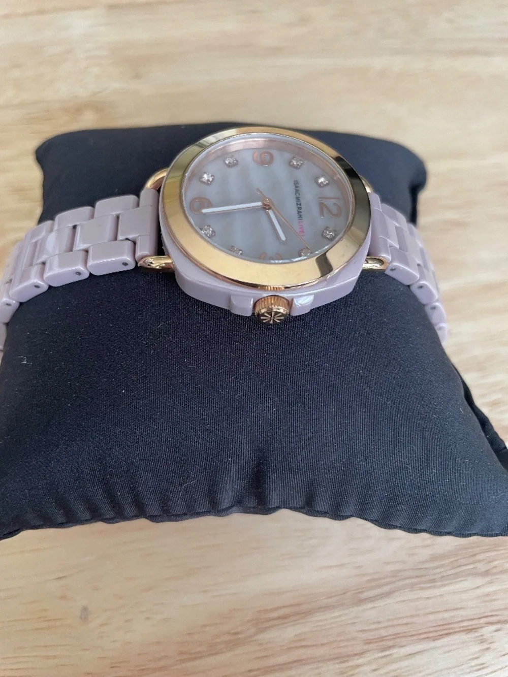 Isaac Mizrahi Mauve Ceramic Watch Gold Trim Rhinestone Accents